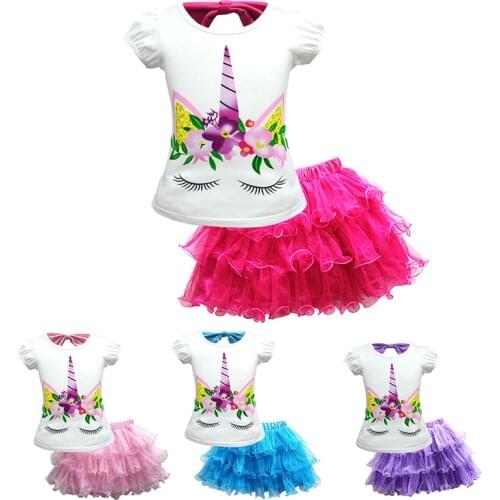 Unicorn Summer Baby Girls Clothing Sets Cute Cartoon Cotton Short Sleeve And Short Skirt 2Pcs Suits Little Princess Costume 2-10