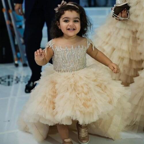 Lovely High Low Flower Girl Dresses Tiered Ruffles Lace Beaded Cap Sleeve Girls Wedding Party Dress Toddler Communion Gowns