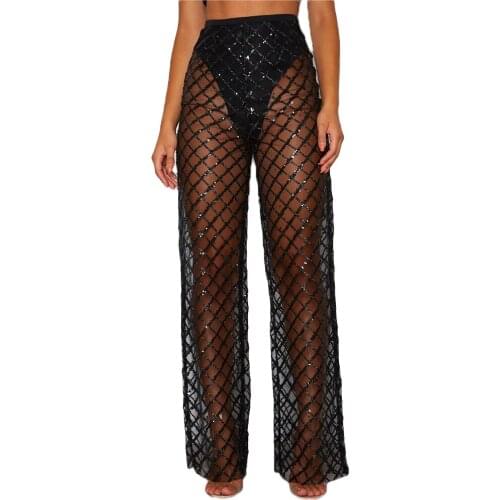 Summer Women Bikini Cover Up Crochet Beach Wide Leg Pants Solid Color See Through Swimwear Swimsuit Cover-Ups Loose Trousers