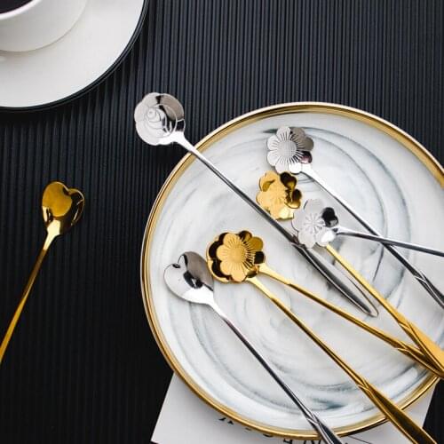 WOFU Direct Shipping 4Pcs/Lot Long Handle Stainless Steel Bar Coffee Tea Spoons Stirs Dessert Teas Spoons Flowers Heart Shape
