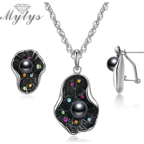 Mytys Sparkling Noble Leaf Earrings Necklace Colorful Crystal & Black Pearl On Leaf Retro Statement Jewelry Sets for Women CN515