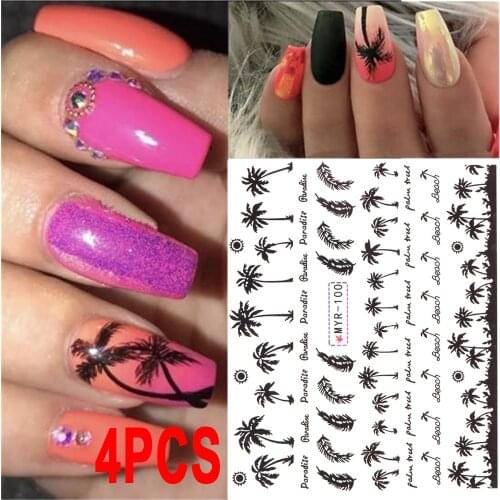 1/4Pcs Tropical Style Summer Palm Tree Design Nail Stickers Coconut Tree Water Transfer Paper Nail Decals DIY 3D Nail Art Deco