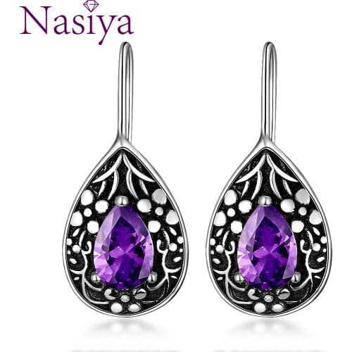 Sterling Silver 925 New Drop Pear-shaped Retro Earrings Purple Zircon Earrings Dangle Earrings Jewelry for Women