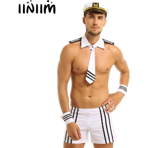 Iinim Men Male Navy Sailor Fancy Dress Up Shorts with Cap Collar Tie Cuffs Cosplay Parties Exotic Sexy Costumes Clubwear
