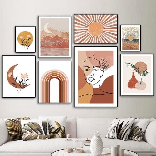 Nordic Posters And Prints Sunrise Rainbow Moon Beauty Flower Illustration Wall Art Canvas Painting Wall Pictures For Living Room