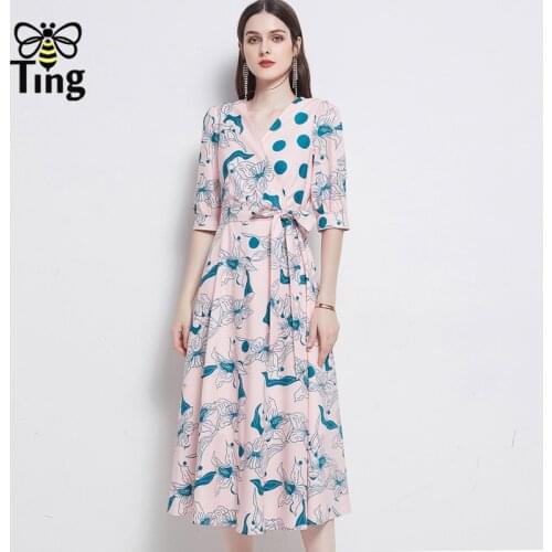 Tingfly Summer Vintage Elegant Pink Floral Printing Midi Long Office Work Women Dress Retro A Line Street Fashion Chic Robes Za