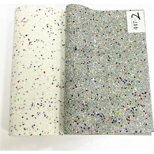 Colorful Star Sequins on Solid Dark Colors Chunky Glitter Faux Leather Fabric Sheet Material for Shoe/Bag/Clothing/Crafts