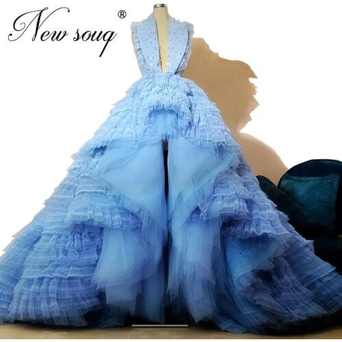 High Low Style Tulle Prom Dresses Sleeveless 2020 Turkish Moroccan Kaftans Evening Dress Beaded Girl Party Gown Saudi Arabia