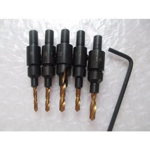 High Quality 5pcs/Set Hss Woodworking Ti Countersink Drill Bit Set Wood Countersinks Screw Size 6 8 10 12 14