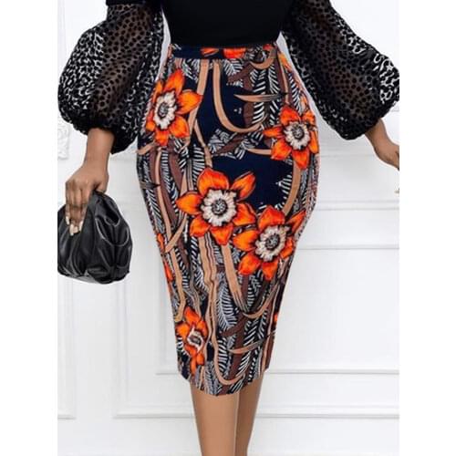 Women Print Party Skirt High Waist Floral Vintage Bocydon Slim Office Ladies Elegant Classy African Slim Fit Event Summer Jupes