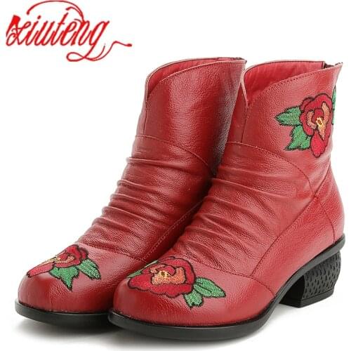 Xiuteng Genuine Leather Women Shoes Embroidered Square Low Heel Ankle Boots Women Winter Boots Large Size Short Plush inside