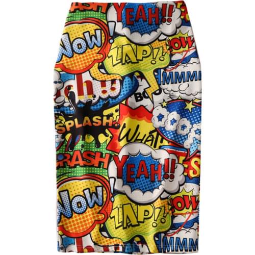Women Harajuku Pencil Skirts Colorful Cartoon Yeah! Letters printing High Waist Slim Midi Split Sexy Female Falda SP532
