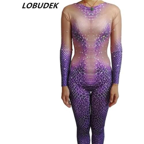 Purple Snake Printed Elastic Jumpsuit Nightclub Party Halloween Bar Cosplay Role Costume Women Dancer DJ Performance Stage Wear