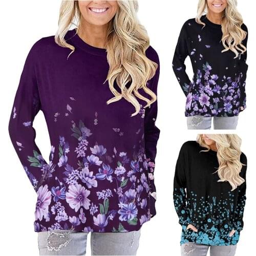 2021 Womens Casual Loose Top O-neck Long Sleeve Comfortable Printed Pocket Top Simple High Quality Warm Long Sleeve T-shirts