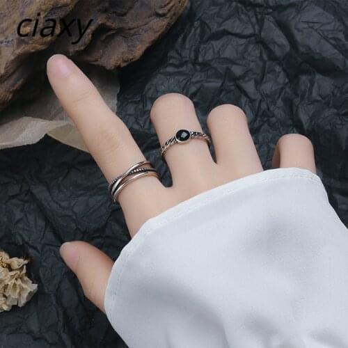 CIAXY 925 Sterling Silver Retro Cross Index Finger Ring Hip-hop Wild Twist Black Double Open Rings for Women Korean Jewelry