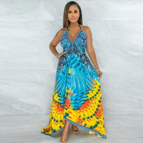 Women Summer Dress Sleeveless Asymmetry Tunic Maxi Dress 2021 Woman Floral Print Halter Boho Beach Dress Fashion Party Dresses