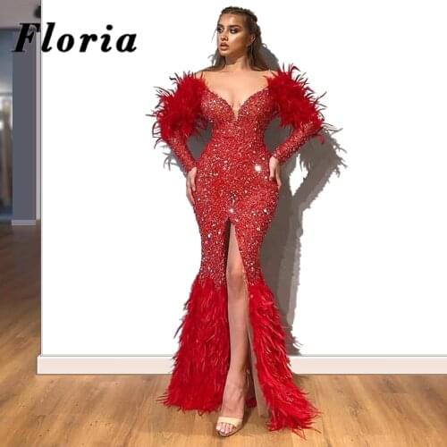 Vestido De Festa Beaded Feathers Evening Dress Prom Dresses Split Slit Women Long Party 2020 Gown Dubai Middle East Evening Wear