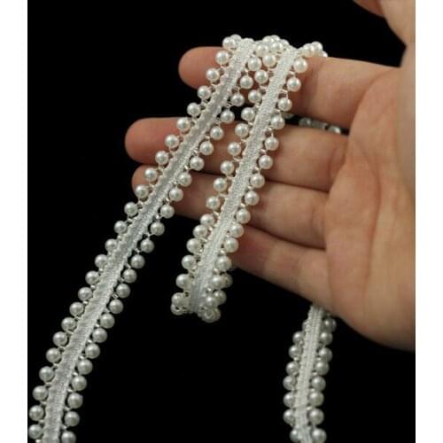 1Yard Beaded Pearls Trim Braided white Lace Trimming Applique Ribbon Sewing Supplies for Wedding Dress Apparel Accessories SC856