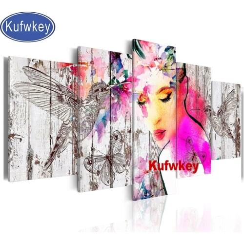5 pcs diamond embroidery Bird Woman,5d diamond painting full diamond mosaic picture of rhinestones cross-stitch Pink Flower