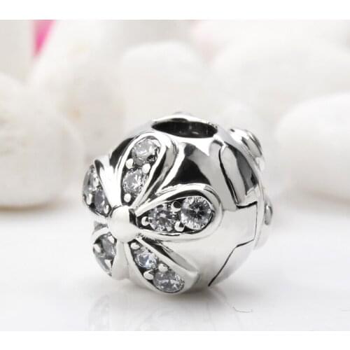 925 Sterling Silver Spring Dazzling Daisy Flower Clip Charm with Clear CZ Lock Beads fit Pandora Charm Bracelet DIY Jewelry