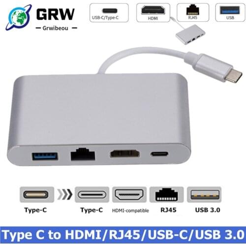 GRWIBEOU Type C to RJ45 Ethernet HDMI-compatible USB C 3.0 HUB Adapter for Macbook Surface Samsung S21 Dex Xiaomi 10 TV Monitor