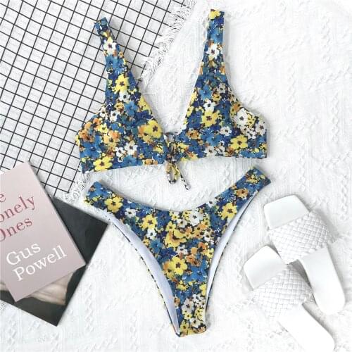 Retro Floral Print Bikini 2021 Biquini Front Tie Push Up Bra High Cut Micro Swimsuit Summer Bathers Bathing Suit Thong Swimwear