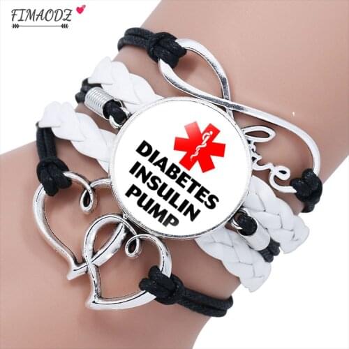 FIMAODZ Diabetes Medical Bracelet for Men Unisex Diabetic Alert Symbol Glass Black Handmade Leather Bracelets Adjustable Bangles