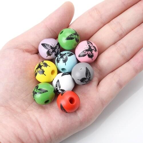 IYOE 10pcs/Lot 15mm Multicolor Cute Butterfly Print Beads Natural Wood Animal Beads Spacer Beads For Jewelry Making Kids Toys
