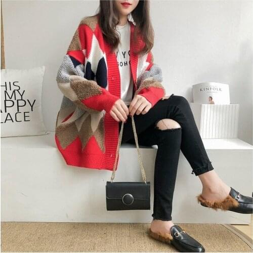 Argyle Cardigans Oversized Knitted Cardigan Women 2021 Korean Fashion Elegant Casual Plaid V-Neck Sweater Womens Knit Jacket