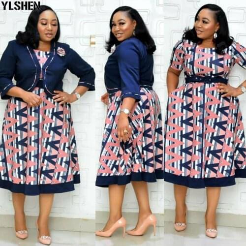 2 Two Piece Set Clothes African Mom Dresses for Women Elegant Print Party Blazer + Short Sleeve Dress Plus Size Clothing Outfits