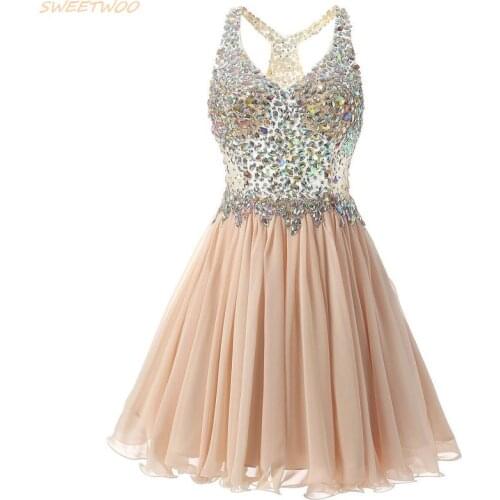 Short Champagne short Dress 2020 Mini Rhinestone Crystal Illusion Bodice V Straps Short Gown Girl Party Graduation
