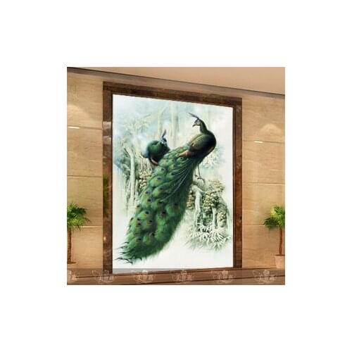 Custom large mural bedroom off the living room entrance hallway corridor painted Chinese wallpaper background wallpaper peacock