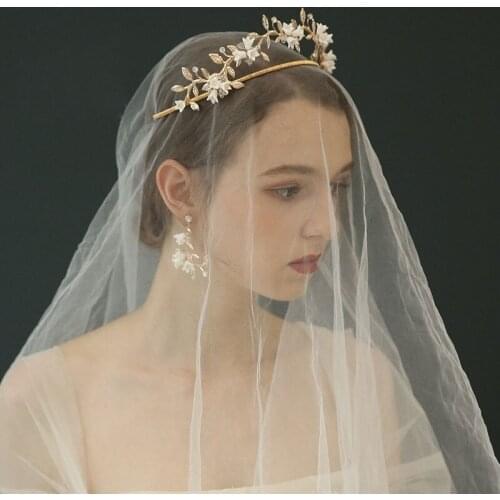 SLBRIDAL Golden Alloy Crystal Rhinestones Ceramic Flower Wedding Tiara Earring Set Bridal Princess Party Crown Women Jewelry