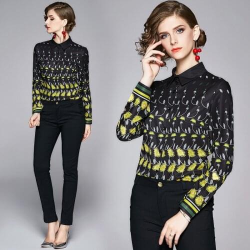 New Spring Summer Fall Runway Chain Print Collar Long Sleeve Turn-Down Neck Womens Ladies Party OL Casual Top Shirts Blouse