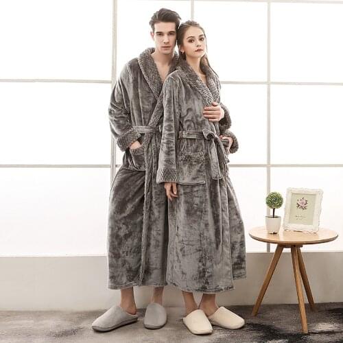 Couples Men Flannel Robes Winter Thicken Kimono Night Dresses Plus Size Autumn Patchwork Fleece Long Robes Bathrobe Nightgown