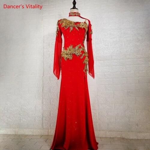 Belly Dance Dress Sequins Long Skirt Mesh Sleeve Performance Clothes Profession Custom Female Adult Child Competition Clothing
