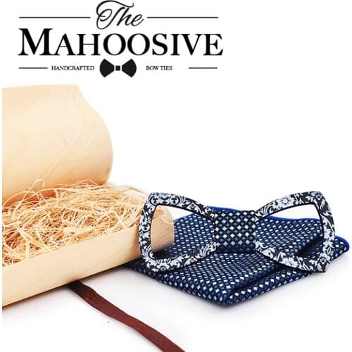 MAHOOSIVE Pocket Square Handkerchiefs Wood Bowties Set For Men Business Suit Hanky Neckwear Wood Ties