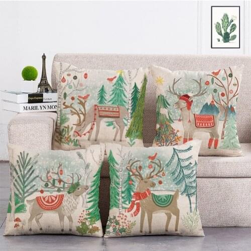 Christmas winter forest scarf elk Printed Cushion Cover Linen Throw Pillow Car Home Decoration Decorative Pillowcase T452