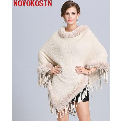 SC370 2019 Black Poncho Faux Fox Fur Cloak Tassel Big Pendulum Cape Triangle Striped Jacquard Sweater Faux Cashmere Outside Coat