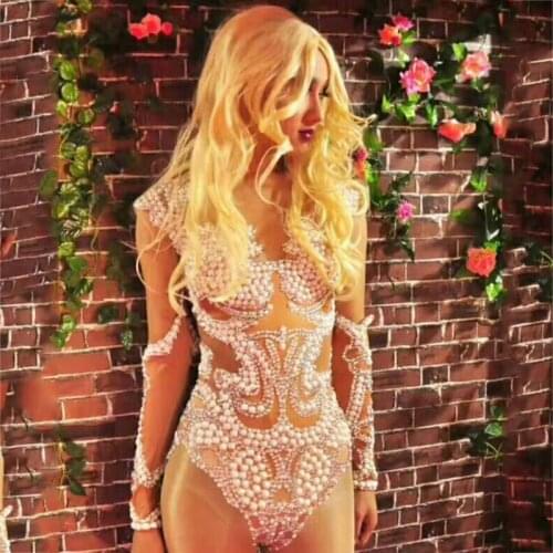 Sexy Pearls Bodysuit Long Sleeves Nude Jumpsuit Women Party Celebrate Nightclub Gogo Costume Female Singer Leotard Wear XS2406