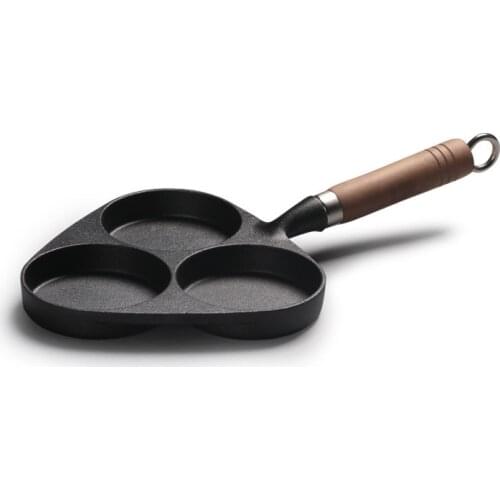 3 Holes Omelette Frying Pan Cast Iron Fried Egg Steak Hamburg Dumplings Pot Mini Device Cake Mould with wood handle nonstick