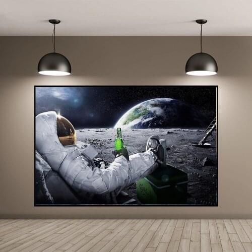 Funny Canvas Paintings Astronaut Relaxing on Outer Space Moon Drinking Beer Wall Pictures HD Printed Posters for Living Room