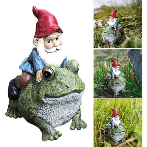 Gnome Sitting on Frog Statue Resin Garden Figurines for Outdoor Decoration Gnome Sculpture for Garden Yard Art Decor