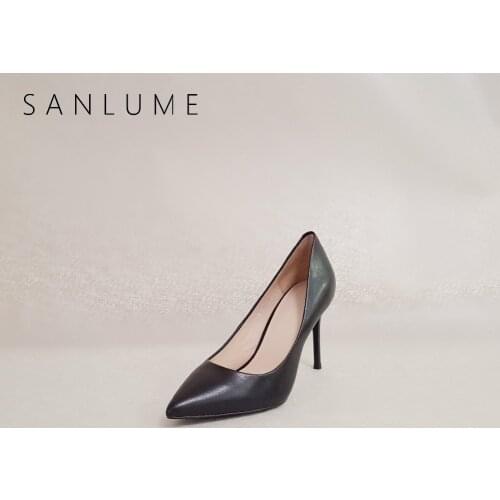 SANLUME Black Matte Genuine Leather Pumps Women Shoes Woman High Heels Office Ladies Sexy stiletto party shoes Pointed Toe Heel