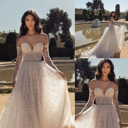 Vintage Off Shoulder Wedding Dresses Sash Beaded Lace Applique Long Sleeve Vestido De Noiva Custom Made Bridal Dress