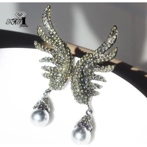 YaYi Jewelry Multi Glass Angel Wings Dangle Women Ancient Gold Color Wear Ear Band Tassel Wedding Stud Drop Hoop Clip Earrings