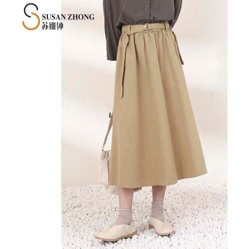 Women Skirt Female Bottoms 2021 Spring Natural Normcore Designer Casual Cotton A-Line Elastic Waist Belt Pocket Zipper Long