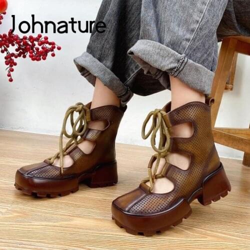 Johnature Summer Women Shoes Platform Sandals Genuine Leather Lace-Up Retro Wedges 2021 New Handmade Concise Ladies Sandals