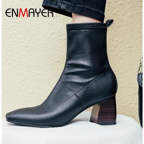 ENMAYER 2020 Mature Genuine Leather Boots Women Basic Round Toe Square Heel Ankle Boots for Women Zip Women Shoes Size 34-43