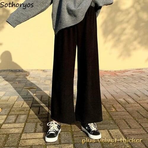 Women Pants Autumn Winter Plus Velvet Thicker Straight Ankle-length Loose Student New Korean Style All-match Elastic Waist Kpop